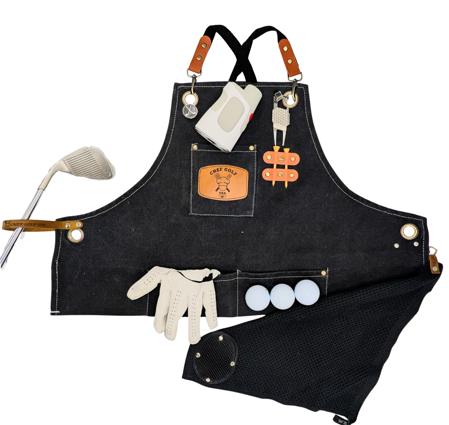 Chef Golf USA Apron Caddy Multi-Accessory Organizer for Tees, Golf Balls, Rangefinder, Divot Tool, Club Holster/Sheath, Glove Holder, Golf Club Scrubber Towel with Cross Back Harness